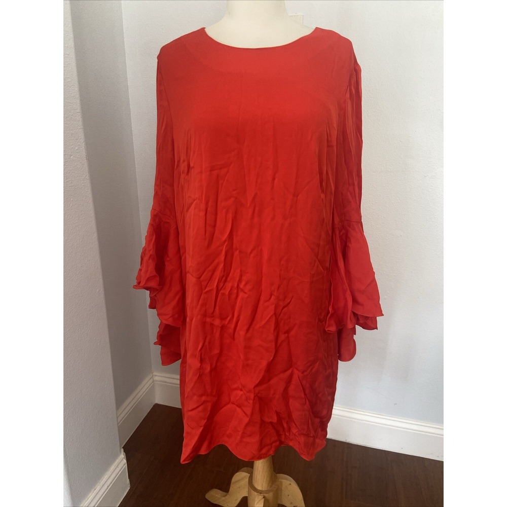 Milly Mini Dress Womens 14 Red Nicole Cady Silk Blend Bell Sleeves - Picture 2 of 11